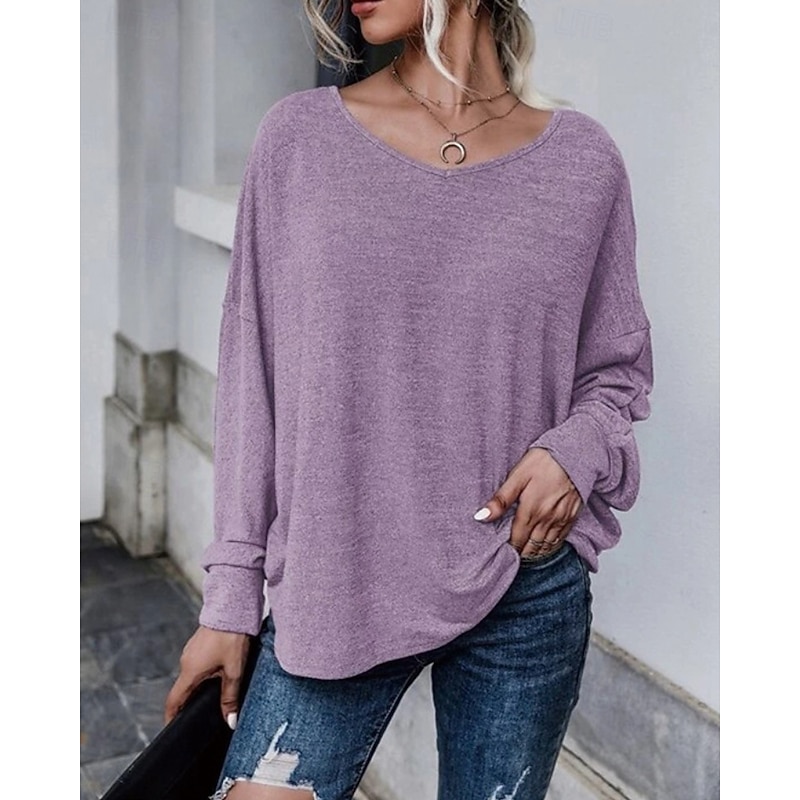 Women's Blouse Plain Casual Long Sleeve V Neck Regular Tops Daily Holiday Going out Asymmetric Hem Dusty Blue Purple Light Blue Summer2