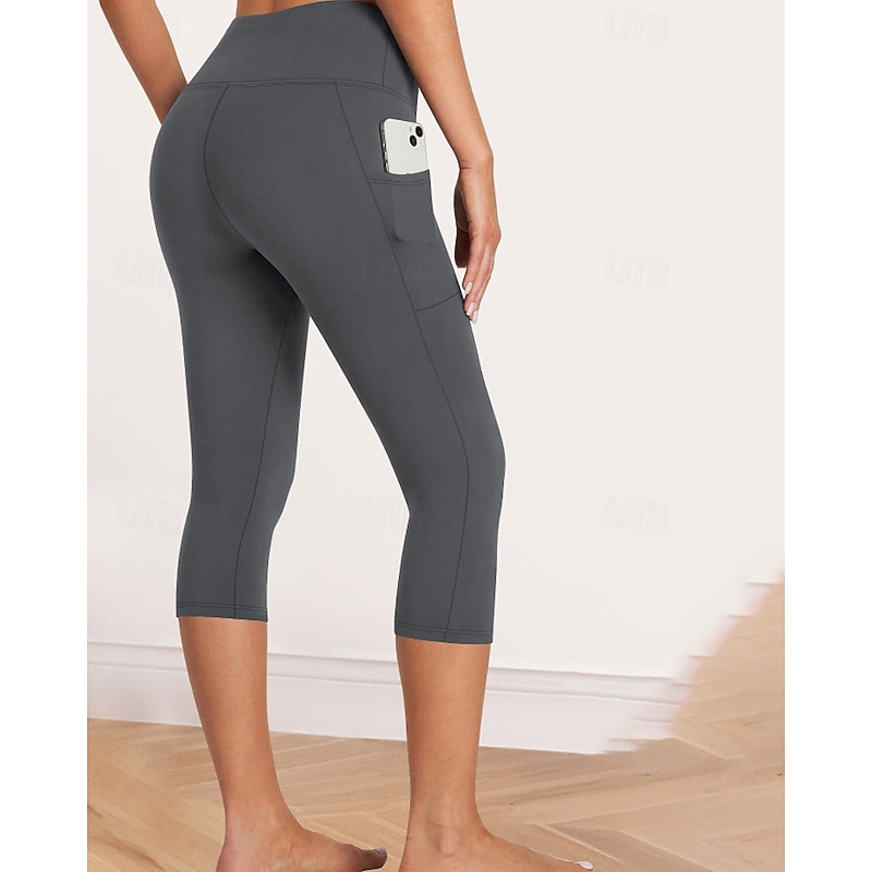 Women's Capri Pants Slacks Leggings Streetwear Casual Calf-Length Natural Plain Pocket Elastic Waist Comfy Outdoor Comfortable Outdoor Sports & Outdoor Athleisure Dark-Gray Wine Navy Light Sky Blue2