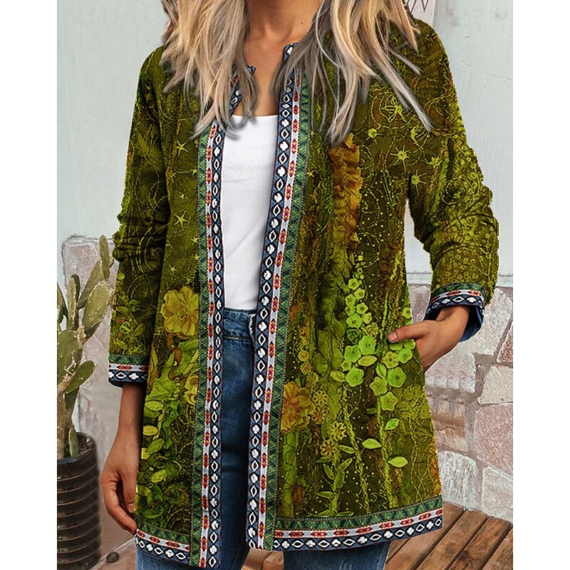 Women's Dressy Dusters Dressy Jackets Casual Jacket Street Going out Fall Winter Regular Coat Regular Fit Warm Comfortable Fashion Modern Jacket Long Sleeve Floral Pocket Light Green Purple Green3