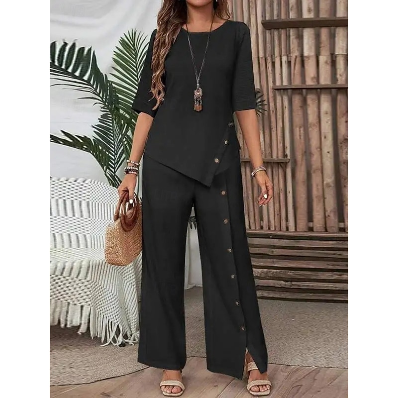 Women's Elegant Fashion Streetwear Pants Sets Half Sleeve Round Neck Solid Color Patchwork Casual Daily Black White Green Summer Regular Fit3