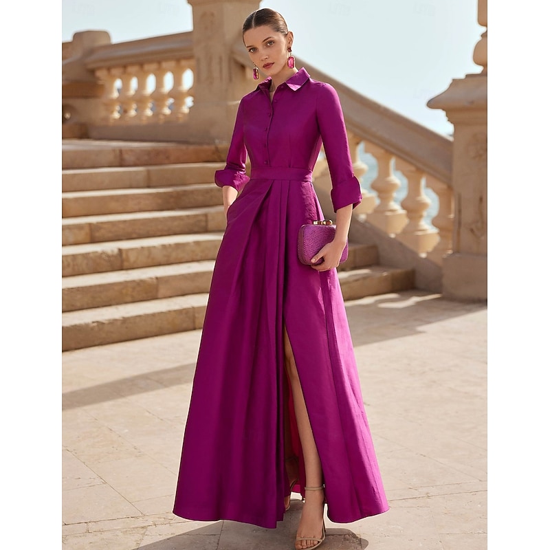 A-Line Mother of the Bride Evening Gown Elegant Dress Formal Wedding Guest Floor Length Long Sleeve Shirt Collar Pocket Satin with Slit2