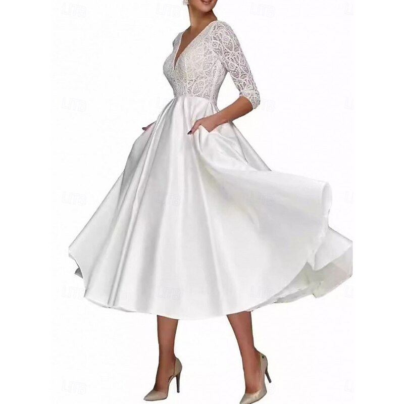 A-Line Mother of the Bride Dress Elegant Simple V Neck Tea Length Polyester 3/4 Length Sleeve with Solid Color4