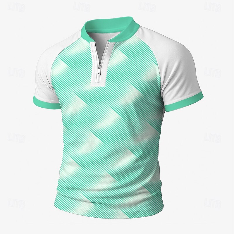 Men's Color Block Geometic Zip Polo Short Sleeve Standing Collar Business Sporty Leisure Business Athleisure Casual Daily Zipper 3D Print Summer Lake blue Robin's Egg Blue Green2
