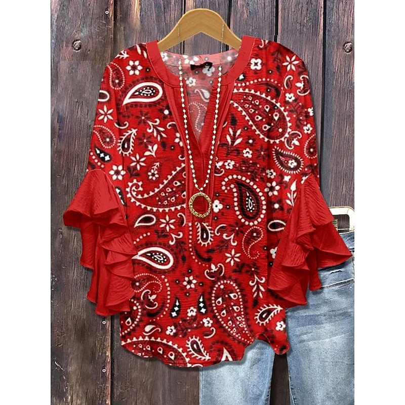 Women's Blouse V Neck Floral Graphic Daily Stylish Casual 3/4 Length Sleeve Regular Tops Daily Holiday Vacation Wear Print Pink Red Blue Green Summer Spring - Main Image