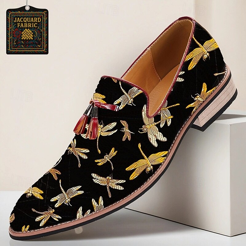 Men's Black Jacquard Loafers with Dragonfly Embroidery Slip-On Design Ideal for Evening Gatherings Weddings and Semi-Formal Occasions