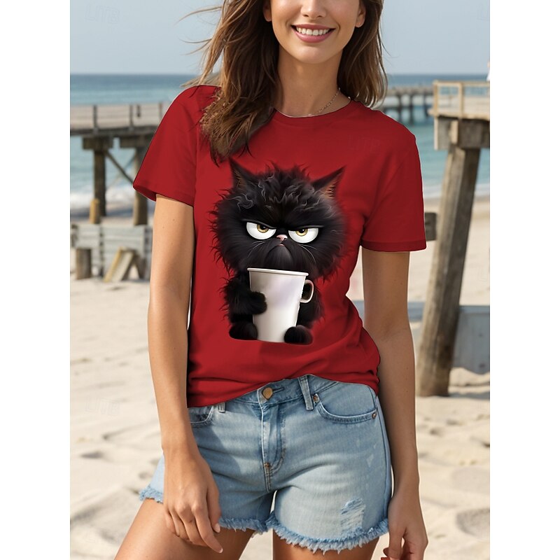 Women's T Shirt Graphic Animal Cat Vintage Stylish Classic Short Sleeve Crew Neck Round Neck Regular Tops Daily Weekend Print Black White Pink Red Blue Summer Spring4