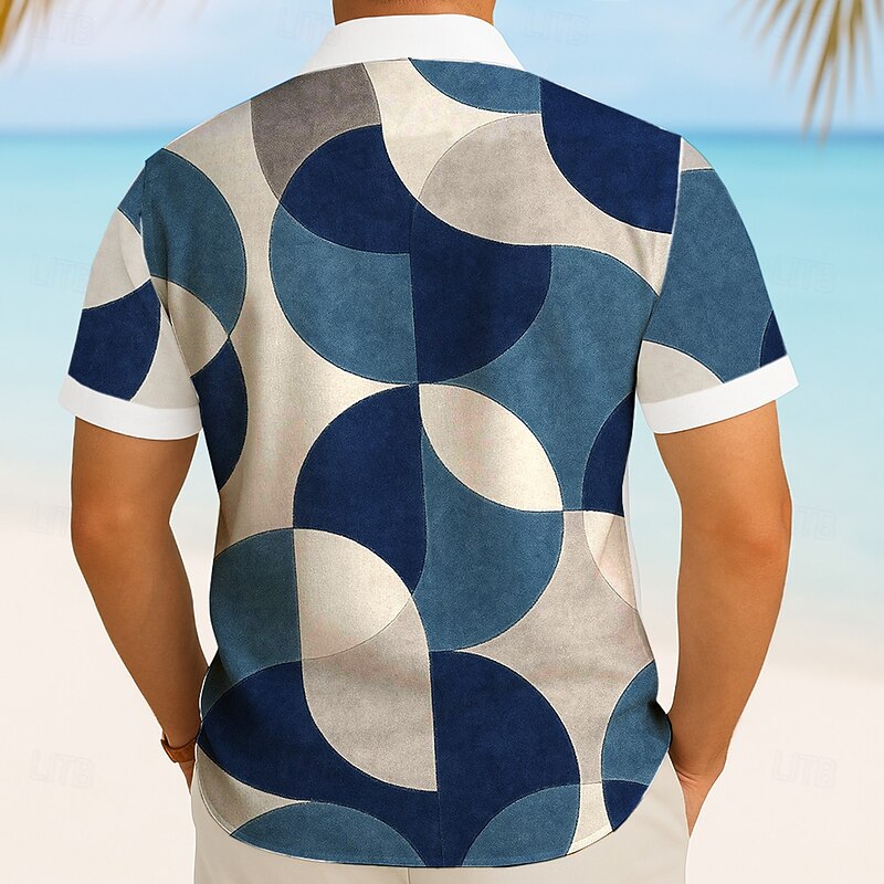 Men's Geometric Multi Color Circle Shirt Summer Shirt Button Up Shirt Short Sleeve Fashion Casual Outdoor Vacation Dailywear Summer Spring Turndown 3D Print Collared Shirts Front One Pocket Blue Green2