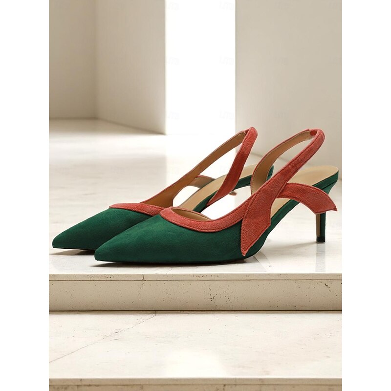 Women's Green and Rust Colorblock Slingback Heels, Pointed Toe Low Heel Pumps for Casual Dates and Everyday Chic Outfits2