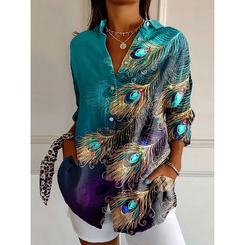 Women's Shirt Button Down Tunic Shirt Collar Long Sleeve Ombre Striped Marble Daily Stylish Casual Regular Tops Daily Holiday s Print Black Yellow Red Blue Spring2