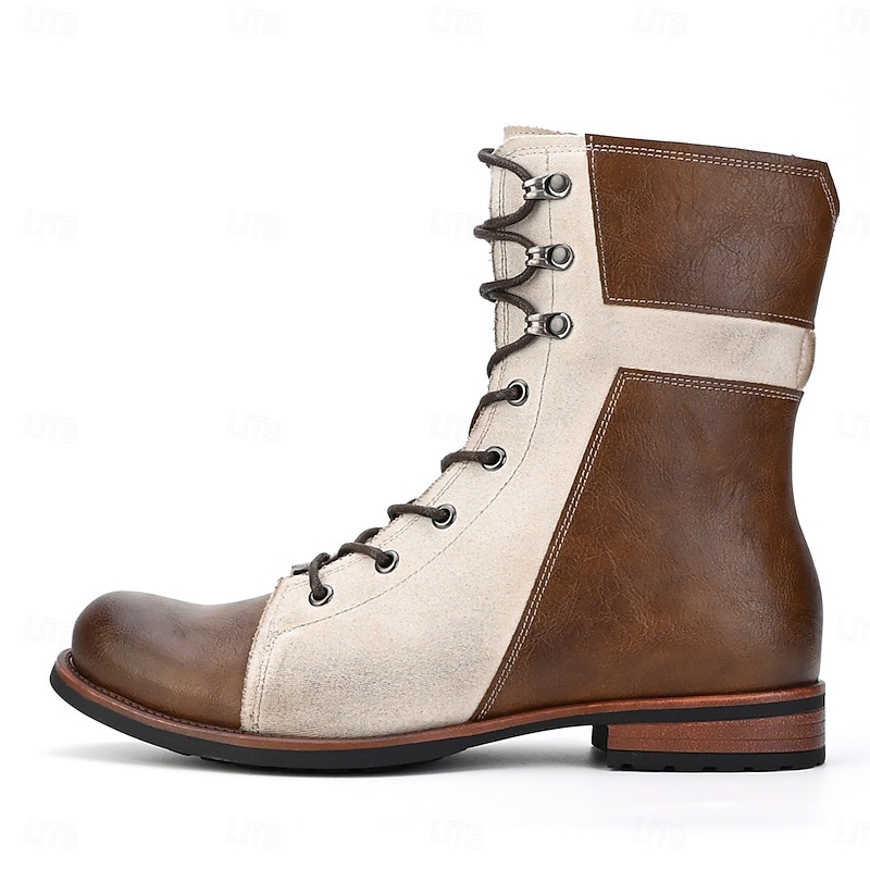 Men's Two-Tone Faux Leather Lace-Up Boots Vintage Mid-Calf Combat Style for Casual Wear Work and Fall Outfits4