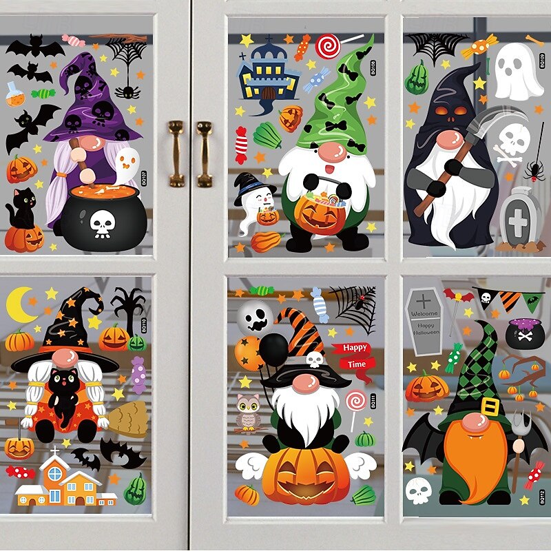 6 Sheets Halloween Window Cling Sticker Decals Decorations Double Side, Gnome Witch Pumpkin Balloon Static Stickers for Glass, Bestselling Halloween Window Decals4