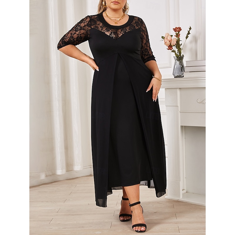 Women's Plus Size Black Dress Pure Color Crew Neck Half Sleeve Summer Spring Elegant Midi Dress Party Dress4