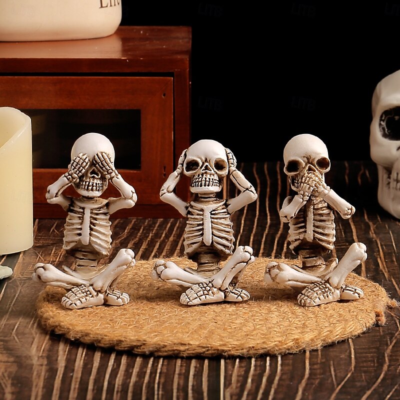 3pcs/set Halloween Skeleton Figurines Set,Resin Skull Decorations for Spooky Tabletop Display, Haunted House Decor4