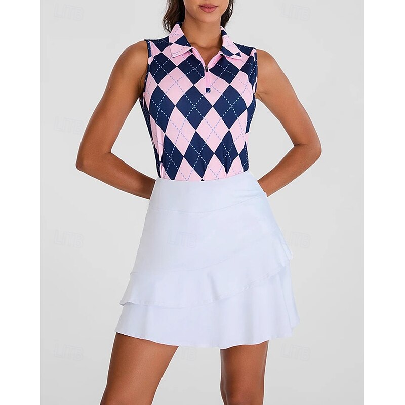 Women's Plaid / Check Sport Shirt Golf Polo Shirt Tennis Shirt Sleeveless Zipper High Elasticity Moisture Wicking Breathable Tennis Golf Pickleball Turndown Zip Collar Shirt Top Dark Pink Black Pink2