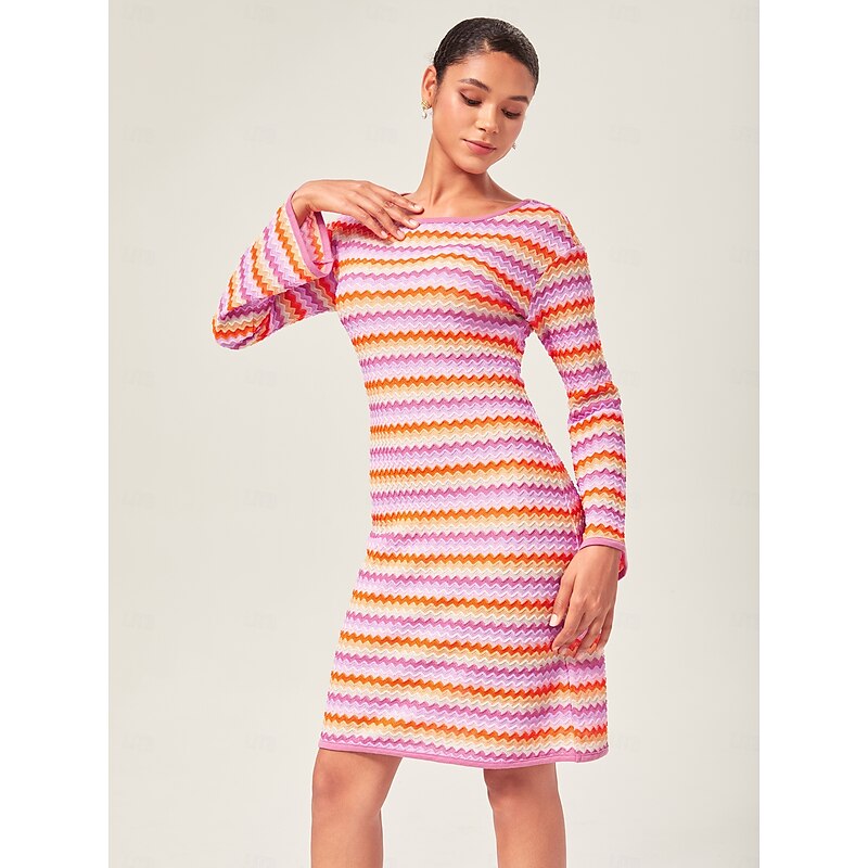 Women's Elegant Rainbow Wave Stretch Knit Fitted Mini Dress Chic Bodycon Style with Colorful Flair4