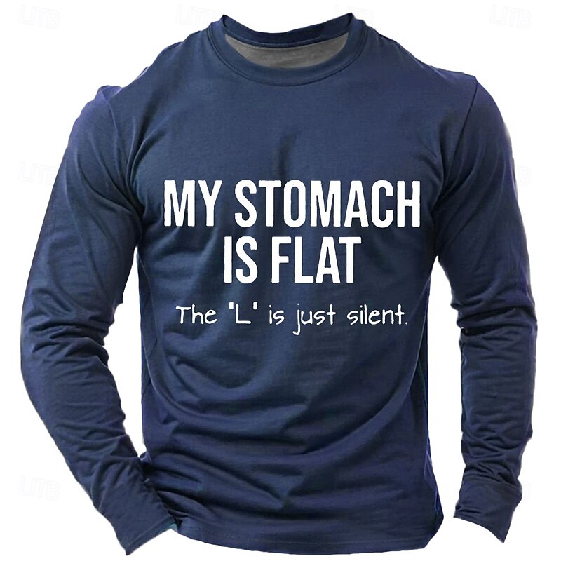 Men's Long Sleeve Graphic Shirt: Funny 'My Stomach Is Flat' Pun Wordplay Humor Design