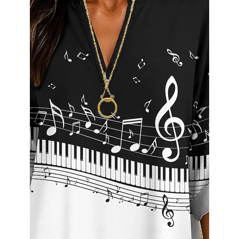 Music Festival Women's Blouse Tunic V Neck Long Sleeve Boho Casual Tops Graphic Geometric Elegant Vintage Tropical Regular Tops Daily Print Black And White Black3