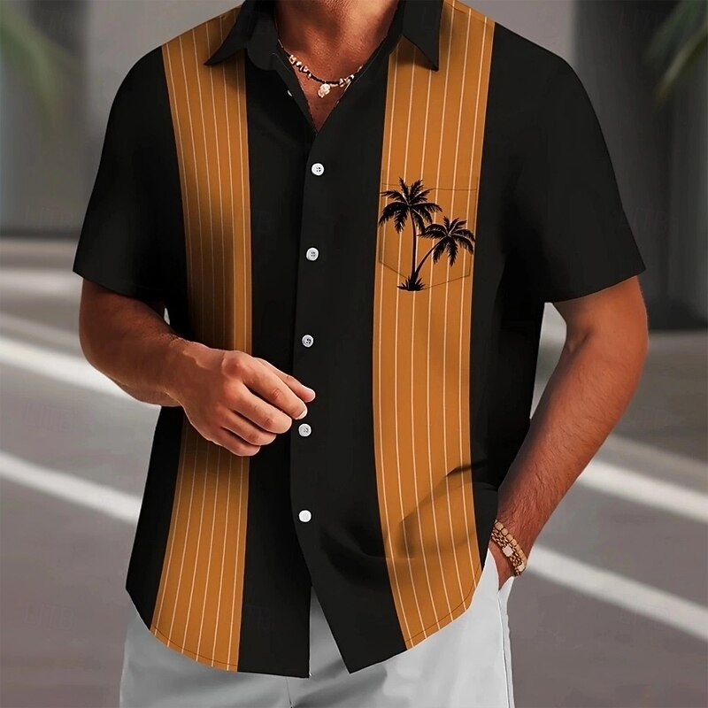 Men's Coconut Tree Striped Shirt Summer Hawaiian Shirt Button Up Shirt Short Sleeve Hawaiian Holiday Beach Wear Summer Spring Turndown 3D Print Collared Shirts Front One Pocket Yellow Blue Dark Blue