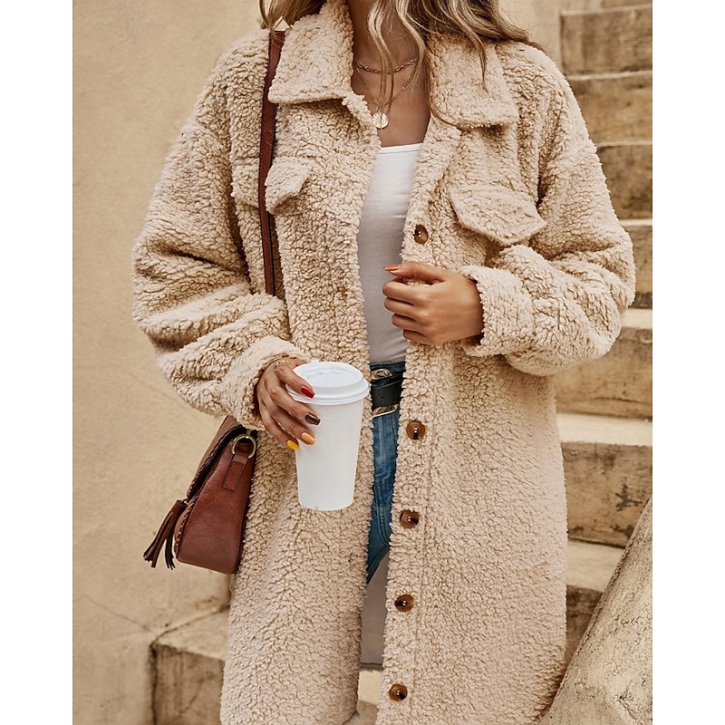 Women's Coat Warm Comfortable Pocket Buttons Outdoor Casual Plain Outdoor Street Daily Holiday Single Breasted Long Turndown Regular Fit Long Sleeve Outerwear White Khaki Apricot Fall Winter4