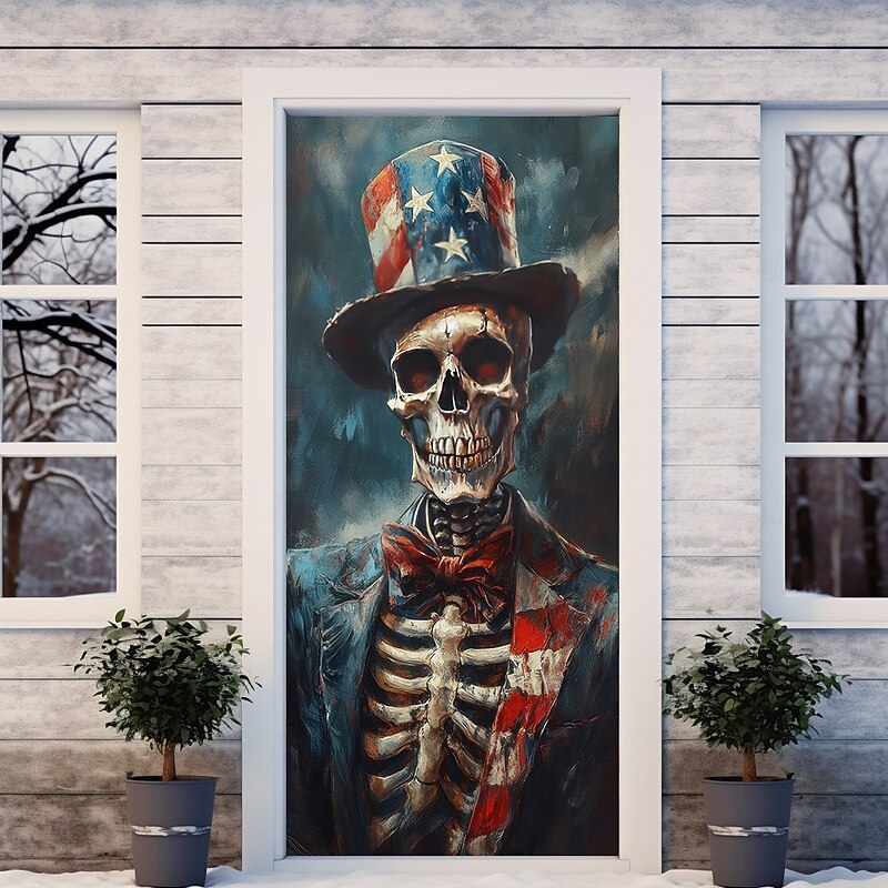 Halloween Skull Door Decorations Door Covers 4th of July Patriotic Independence Day Backdrop Indoor/Outdoor Door Banner for Front Door Farmhouse3