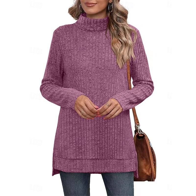 Women's Sweater Casual Soft Pure Color Ribbed Turtleneck Knitted Long Sleeve Regular Tops Knit Outdoor Daily Weekend Black Blue Fall Winter3