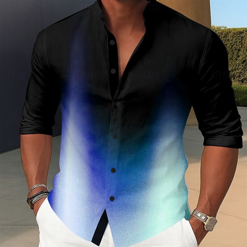 Men's Gradient Color Shirt Button Up Shirt Stand Collar Shirt Long Sleeve Casual Outdoor Vacation Daily Spring Fall Mandarin Collar Band Collar 3D Print Linen Like Shirt Pink Blue Purple Green4