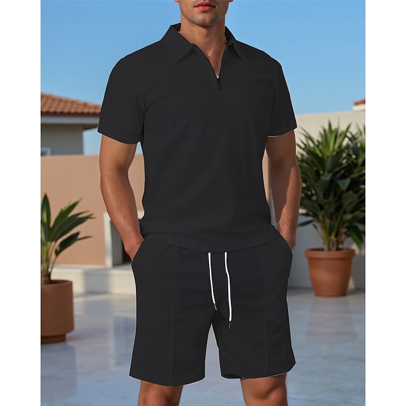 Men's Polo Shirts Zip Polo Outdoor Daily Wear Lapel Short Sleeve Fashion Hawaiian Plain 2 Piece Summer Regular Fit Black White Navy Blue Royal Blue Sky Blue Khaki Polo Shirts2