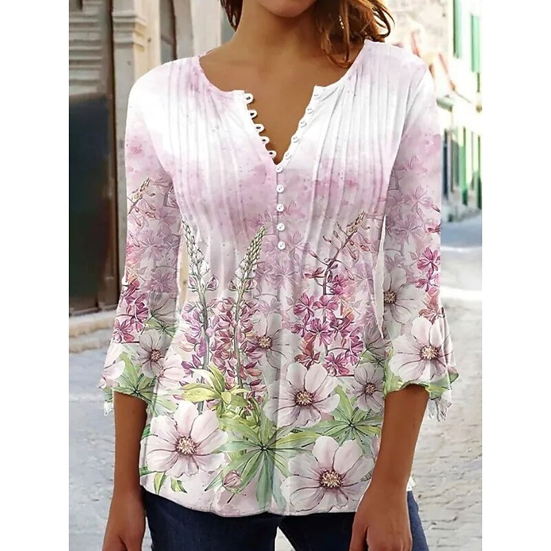 Women's Blouse V Neck Ombre Floral Graphic Elegant 3/4 Length Sleeve Regular Tops Daily Going out Ruffle Buttons Pink Blue Purple Orange Green Spring Fall3