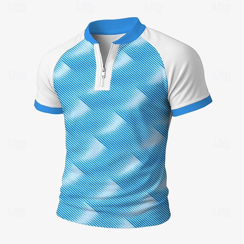 Men's Color Block Geometic Zip Polo Short Sleeve Standing Collar Business Sporty Leisure Business Athleisure Casual Daily Zipper 3D Print Summer Lake blue Robin's Egg Blue Green