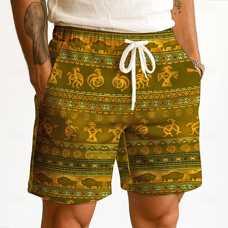 Men's Indian Ethnic Kokopelli Waffle Shorts Sweat Shorts Casual Shorts Mid Waist Retro Vintage Vacation Jogging Workout Elastic Drawstring Waist Shorts with Pockets Designer Clothing Apparel4