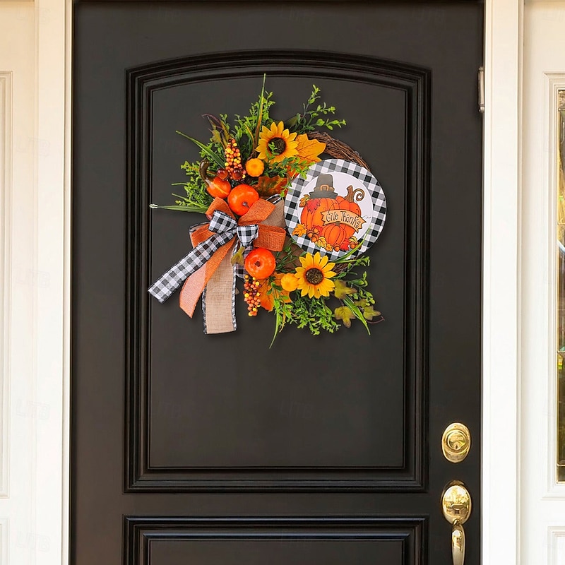 Fall Wreath for Front Door Thanksgiving Autumn Harvest Indoor Outdoor Decoration, Wooden Sign Sunflower Pumpkin Artificial Plant Wreath Door Hanging2