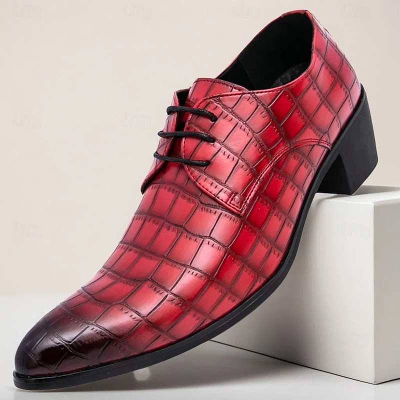 Men's Red Crocodile Pattern Faux Leather Dress Shoes – Glossy and Trendy Business Oxfords for Formal Events, Night Parties, Dressy Occasions and Professional Looks