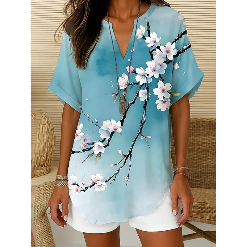 Women's Boho Shirt Floral Graphic Bohemia Vintage Tropical Short Sleeve Regular Tops Daily Holiday Beach Wear White Blue Beige Summer Spring3