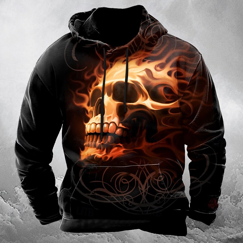 Tom Wood Men's 3D Skull Hoodies Sweatshirt Outerwear Hooded Sweatshirt Crew Neck Cool 3D Print Club Streetwear Black Drawstring Graphic Fall Winter Designer