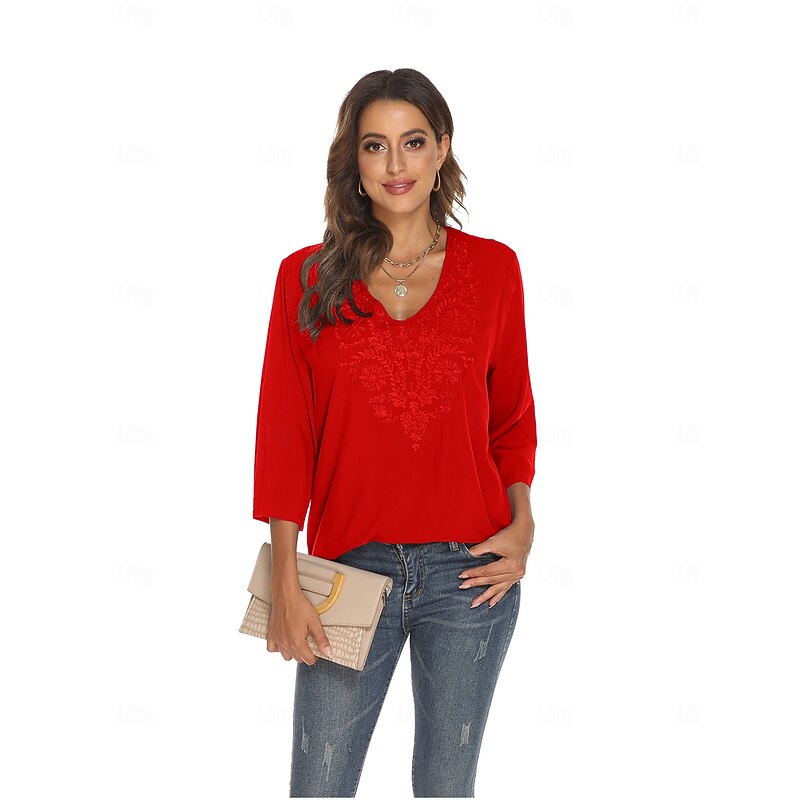 Women's Boho Shirt Floral Bohemia Casual 3/4 Length Sleeve Elbow Sleeve V Neck Regular Tops Work Daily Going out Embroidered Black Red Purple Summer