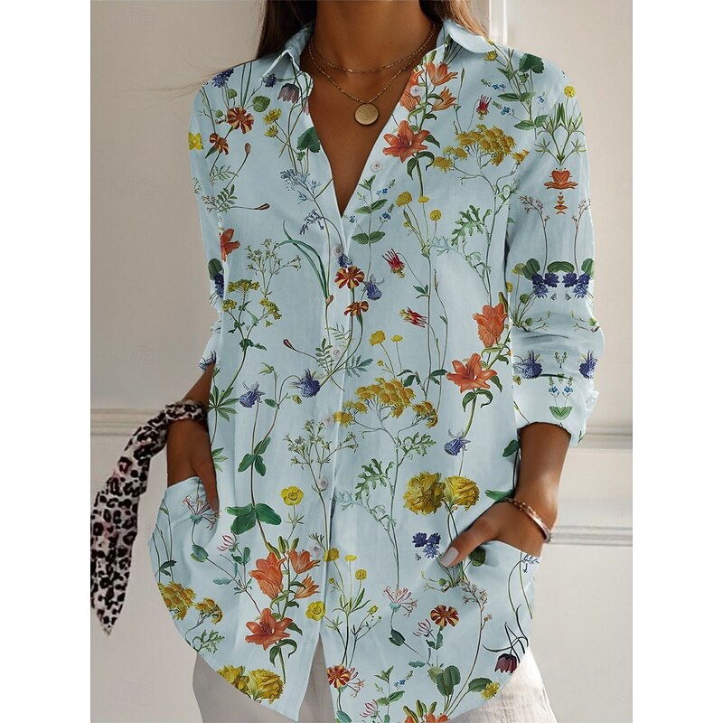 Women's Shirt Floral Active Daily Stylish Long Sleeve Shirt Collar Regular Tops Daily Holiday Buttons Print White Pink Navy Blue Blue Green Spring Fall3
