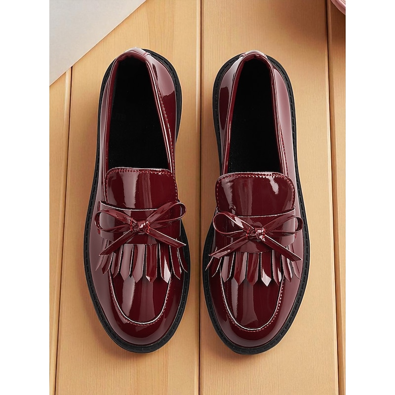 Women's Burgundy Patent Leather Loafers with Tassel and Bow, Vintage Flat Shoes for Casual Dates and Daily Wear3