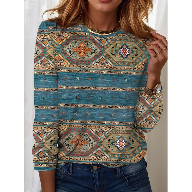 Women's T shirt Crew Neck Long Sleeve Tunic Vintage Modern Casual Regular Tops Daily Weekend Print Black Blue Brown Green Fall Winter