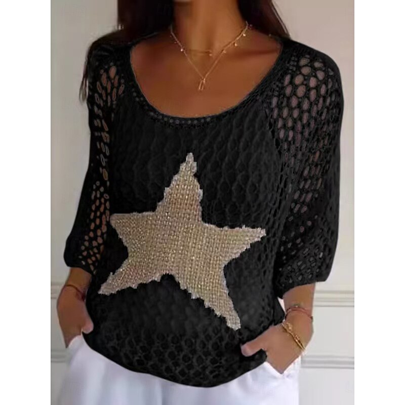 Women's Blouse Star Stylish Casual 3/4 Length Sleeve Crew Neck Regular Tops Daily Cut Out Black White Pink Orange Khaki Summer3