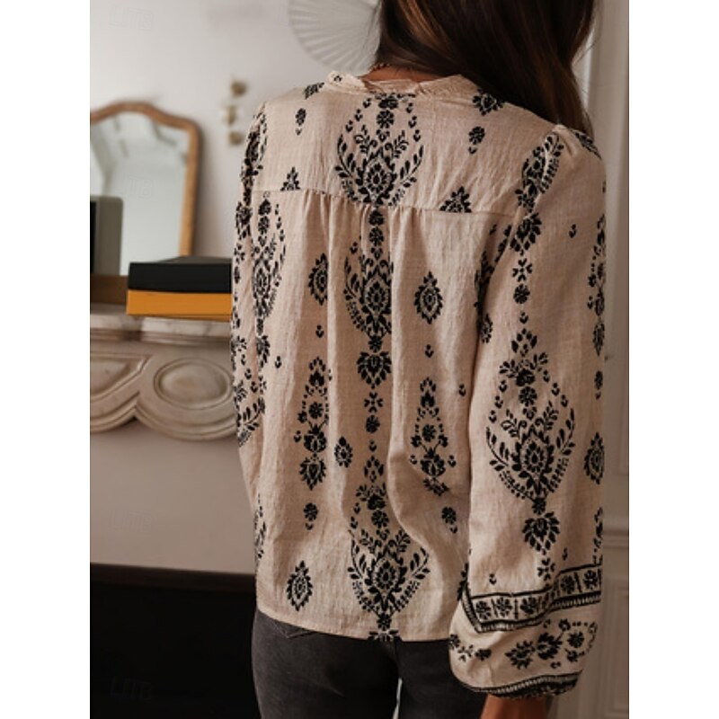 Women's Shirt Button Down Blouse Floral Bohemia Vintage Stylish Long Sleeve Shirt Button Down Blouse Collar Regular Tops Daily Holiday Buttons Print Black Apricot Summer Spring3