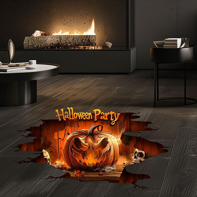 Halloween Floor Wall Decal Sticker 3D Scary Pumpkin Breakthrough Design, Self-Adhesive Floor and Wall Decor for Living Room and Bedroom