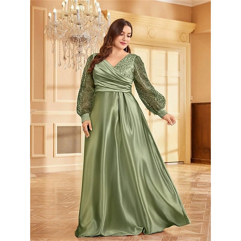 A-Line Plus Size Dresses Elegant Curve Dress Formal Wedding Floor Length Long Sleeve V Neck Polyester with Pleats4