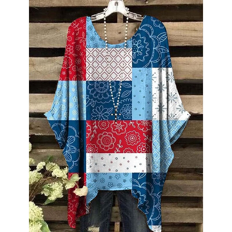 Women's Boho Shirt Floral Graphic Geometric Elegant Bohemia Active Short Sleeve Batwing Sleeve Crew Neck Regular Tops Daily Holiday Beach Wear Print White Yellow Red Blue Purple Summer Spring2
