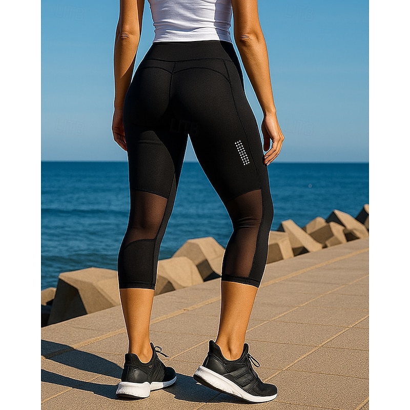 Women's Leggings Running Pants Mesh Elastic Waistband High Waist Capris Sports & Outdoor Casual Breathable Quick Dry Lightweight Tennis Golf Running Regular Fit Sportswear Activewear Solid Colored