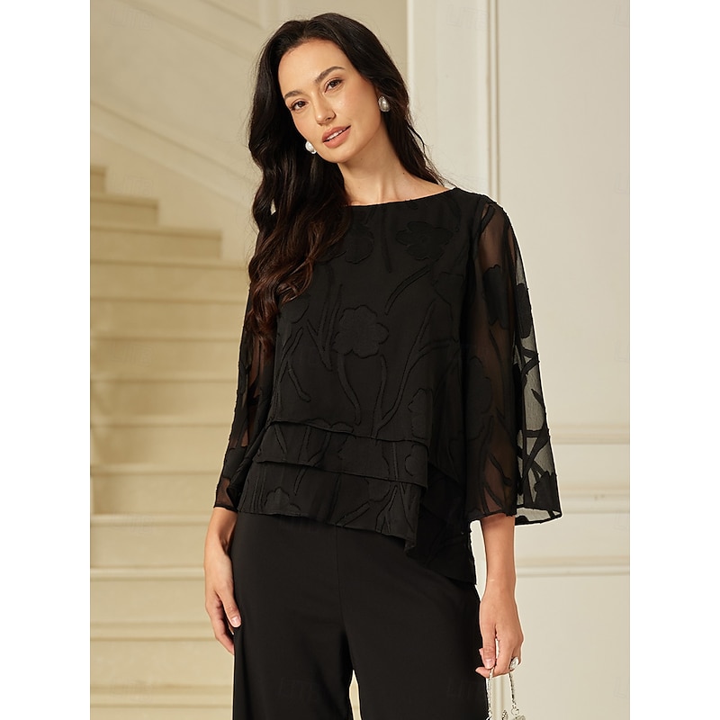 Women's Lace Shirt Blouse Dressy Tops Chiffon Tops Solid Color Floral Graphic Elegant Stylish Basic Half Sleeve Flutter Sleeve Boat Neck Regular Tops Wedding Guest Work Daily Asymmetric Hem Black2