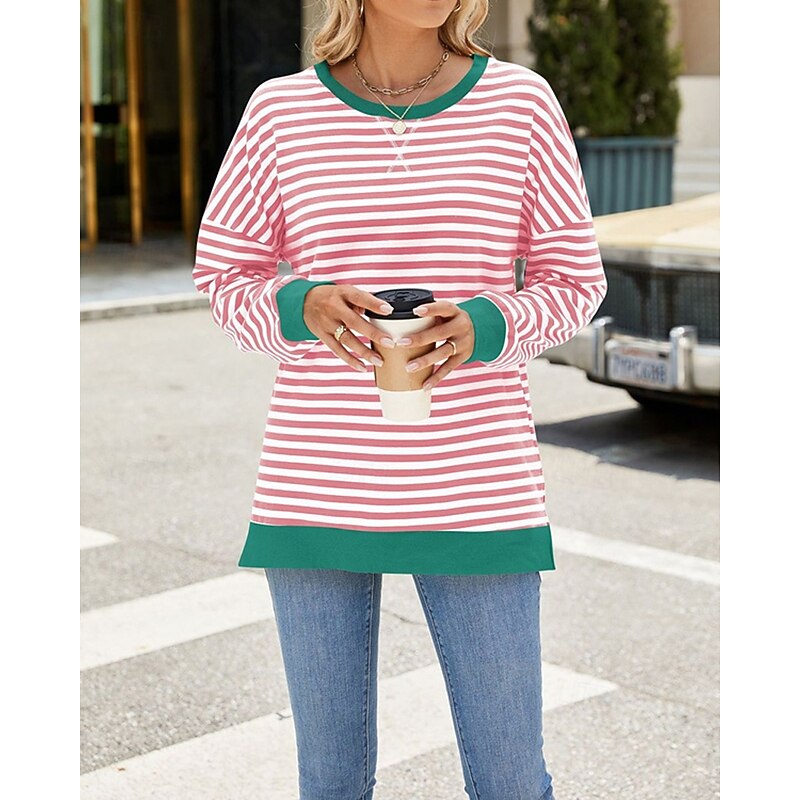 Women's Pullover Striped Streetwear Casual Comfy Long Sleeve Crew Neck Regular Tops Street Holiday Going out Print Black Pink Red Blue Fall2