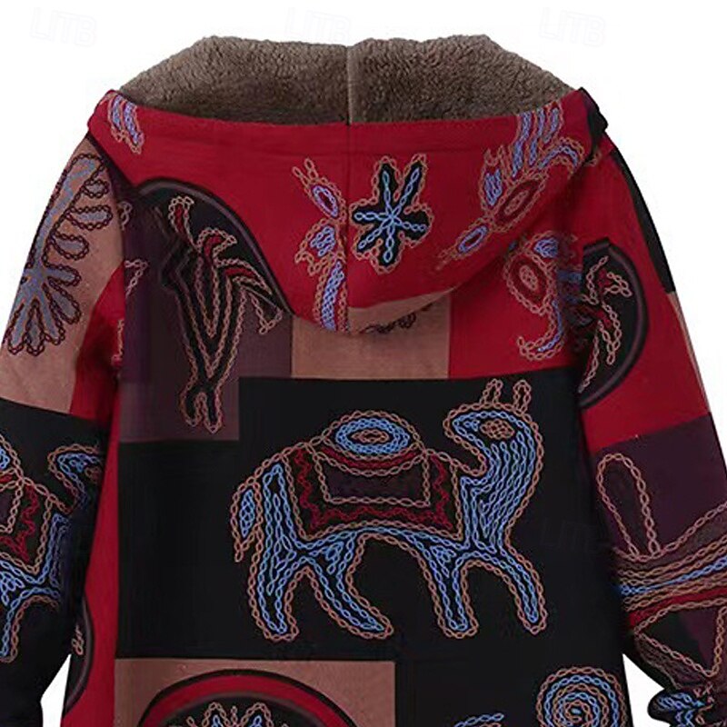 Women's Fleece Jacket Coat Hoodie Jacket Warm Comfortable Zipper Pocket Vintage Fashion Casual Animal Going out Weekend Zipper Regular Hooded Regular Fit Long Sleeve Outerwear Yellow Red Winter3