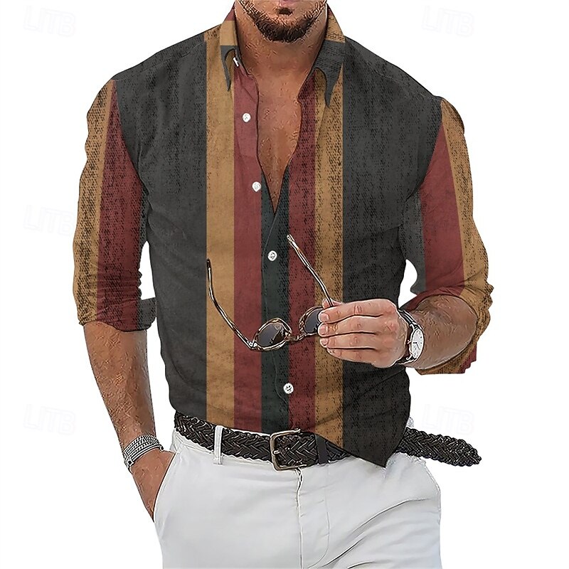 Men's Shirt Summer Shirt Casual Shirt Beach Shirt Button Up Shirt Light Green Pink Red Purple Green Long Sleeve Stripes Lapel Vacation Hawaiian Clothing Apparel Polyester Fashion Casual Comfortable2