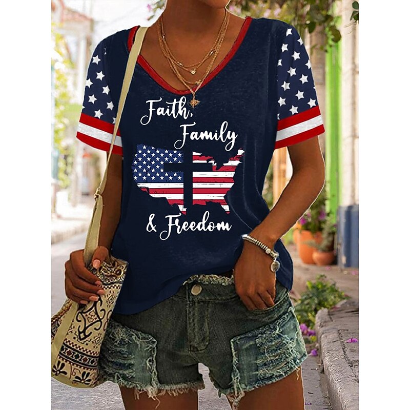 Women's Patriotic  T Shirt Graphic Flag Vintage Stylish Classic Short Sleeve V Neck Regular Tops Daily Print Black White Red Navy Blue Summer Spring4