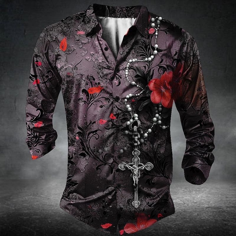 Men's Templar Cross Romantic Rose Shirt Button Up Shirt Long Sleeve Dark Gothic Style Holiday Streetwear Summer Spring Turndown 3D Print Collared Shirts Red Blue Purple3